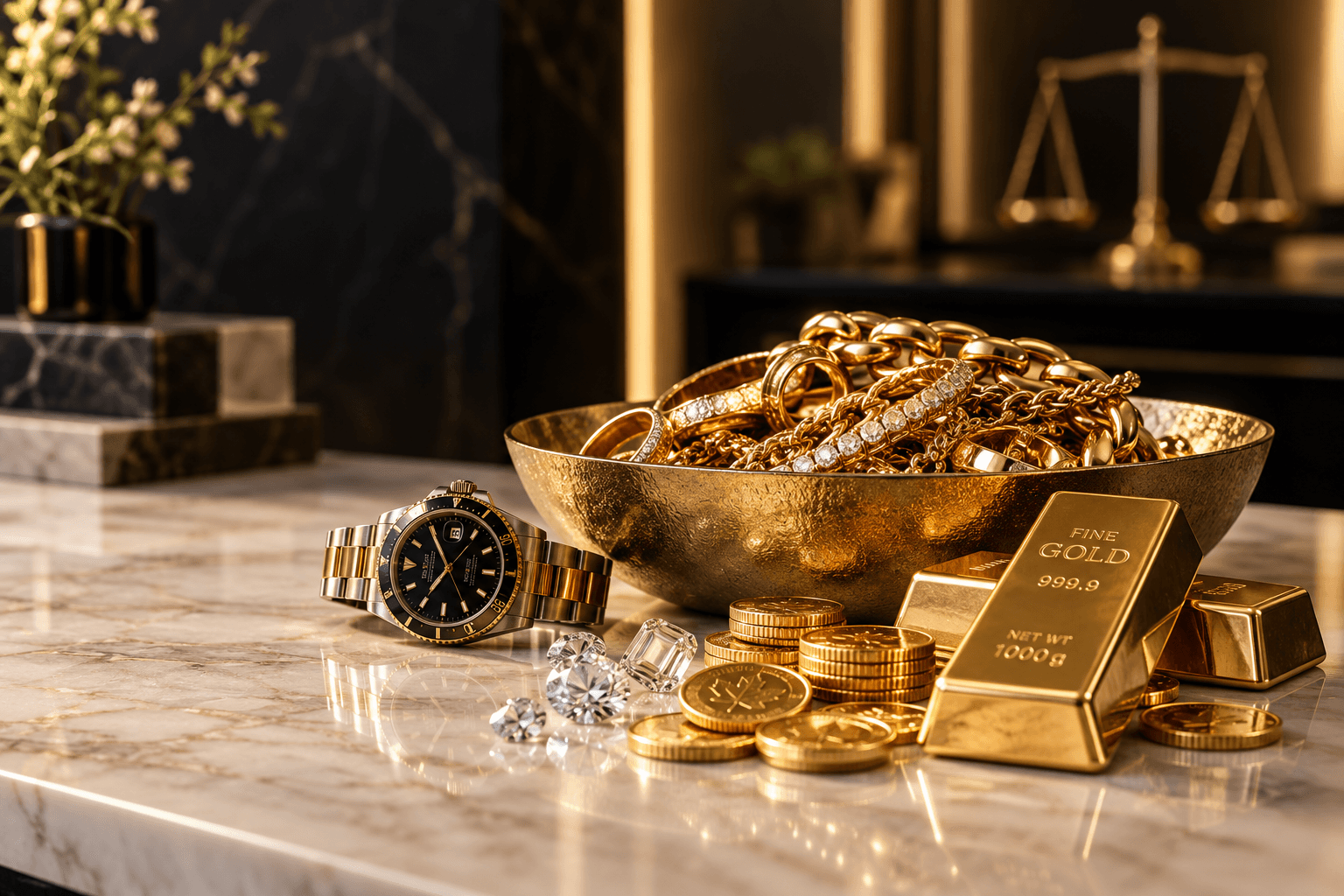 Gold jewelry, bullion, diamonds and luxury valuables